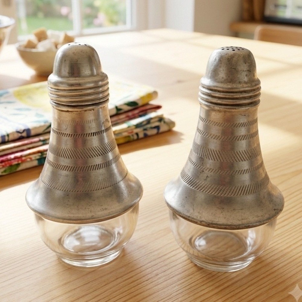 Vintage MCM Aluminum Glass Salt and Pepper Shakers Set Bell Shape 1950'S